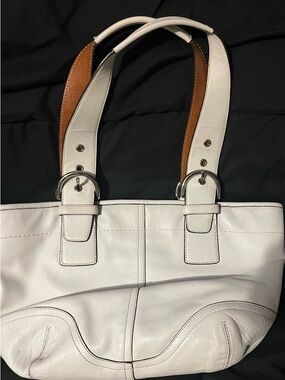 Coach White Leather Shoulder Bag with Tan Strap Accents
